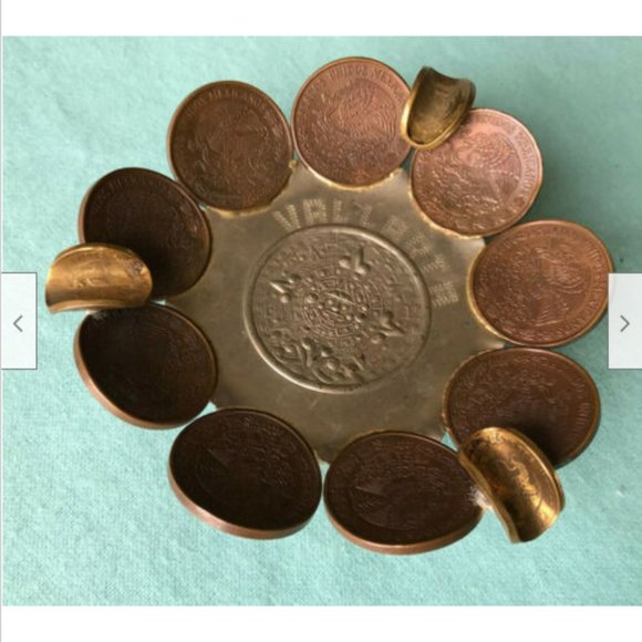 Vtg Mayan Sun God Mexican Metal Ash Tray Centavos 1950s 60s 70s Coins - Picture 3 of 6